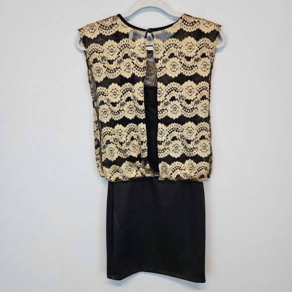 Vintage Y2K Gold Lace Banded Mini Dress Size S Bodycon Sleeveless Evening Glam - Picture 3 of 14